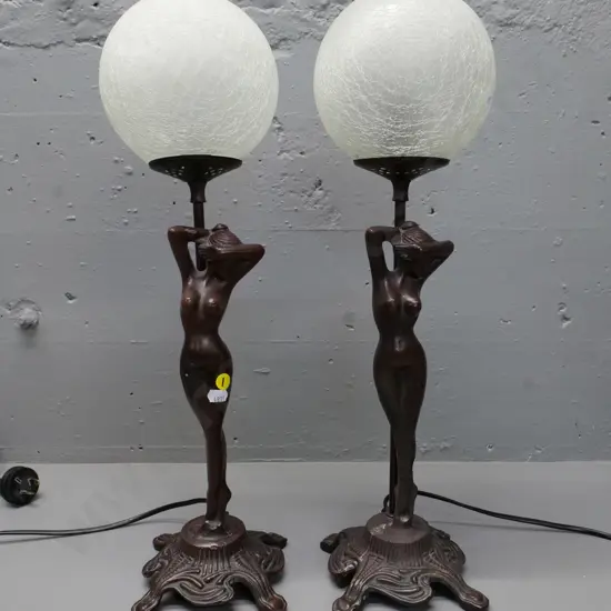 pair of reproduction metal figural table lamps with frosted crackle finish glass globe shades H-540
