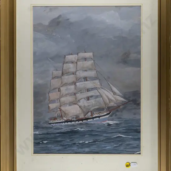 L Boulton 1949 - framed watercolour - sailing ship (slight age damage) H-390 W-290