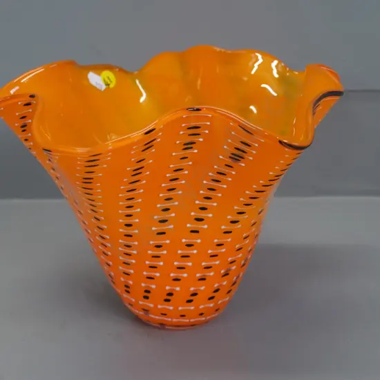 Hoglund art glass orange fluted bowl with black and white pattern H-170 Diameter 250
