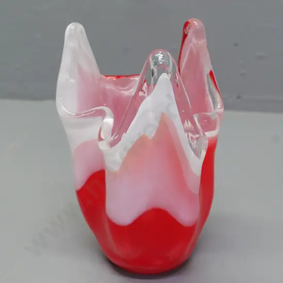 art glass handkerchief vase - red, white and clear H-200