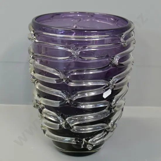 heavy art glass vase - purple and clear with raised ridge pattern H-240