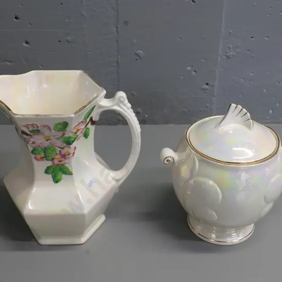 2 pieces Maling lustre glaze - floral pattern jug H-200 and relief pattern lidded urn with chip on inside rim