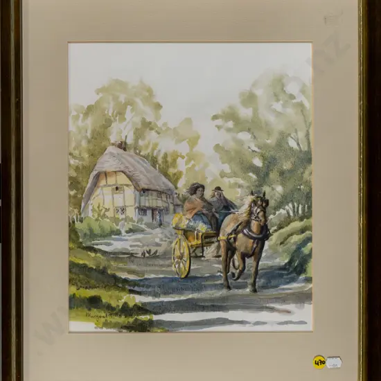 Margaret A Howard - framed watercolour - ladies in gig H-320 W-270