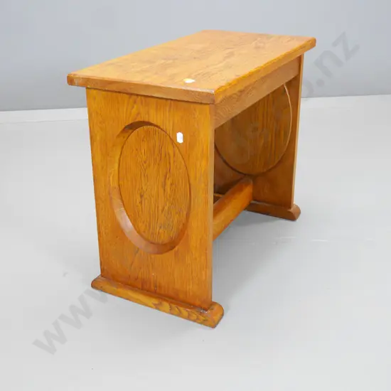 deco oak stool or end table with oval end panels H-460 W-540 D-290