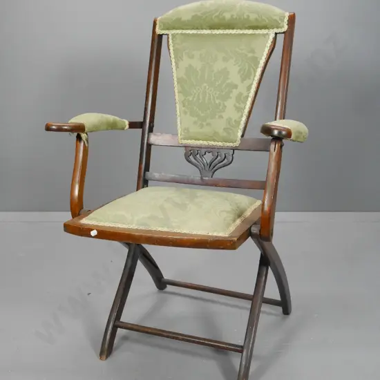 vintage mahogany folding chair with fretted back panel, brocade upholstery, a bit of loose trim H940 W600 D460