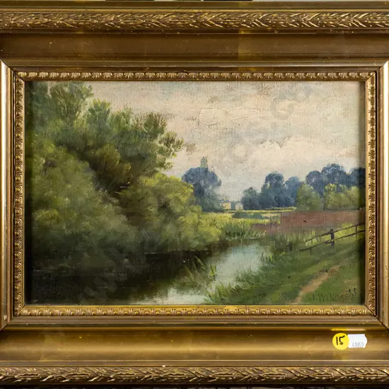 J Windass? - gilt framed oil on canvas - river and landscape scene H-190 W-280