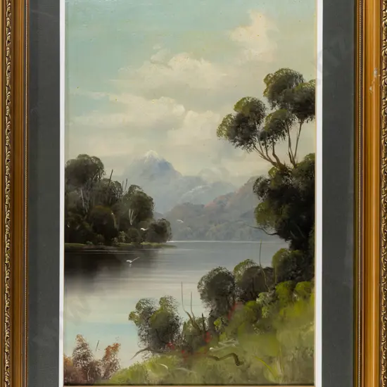 illegible signature (attributed to Henry Thomas Garratt) - framed oil - lake scene H-420 W-270