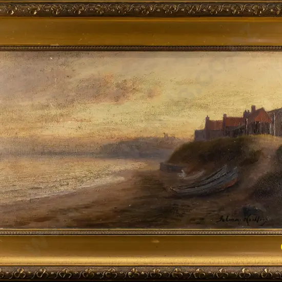 illegible signature - gilt framed oil on board - coastal scene (age damage) H-240 W-440