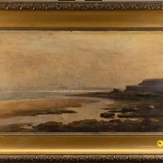 J Healey - gilt framed oil on board - coastal scene (age damage) H-240 W-440