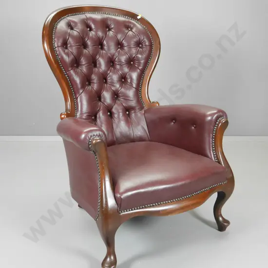 reproduction Victorian style armchair with deep-button studded burgundy leather H-1000 W-700 D-660
