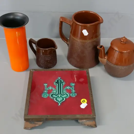 vintage tile trivet in copper stand, Crown Ducal vase, small brown teapot and 2 jugs