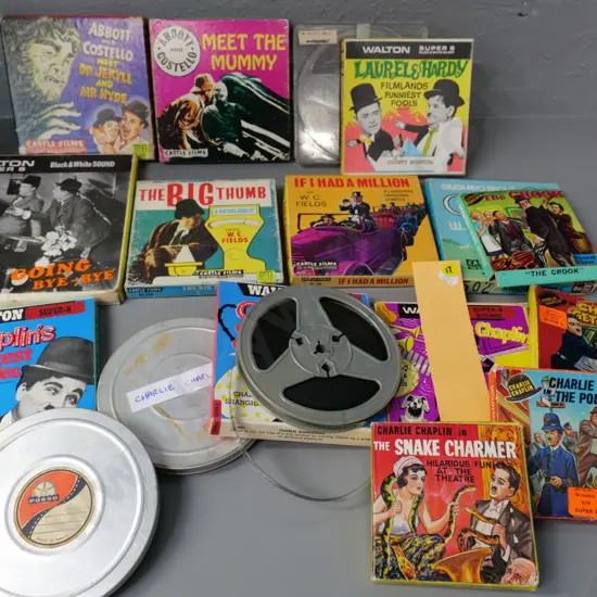 18 retro 8mm film reels - Charlie Chaplin, laurel & Hardy, Abbott & Costello, etc.