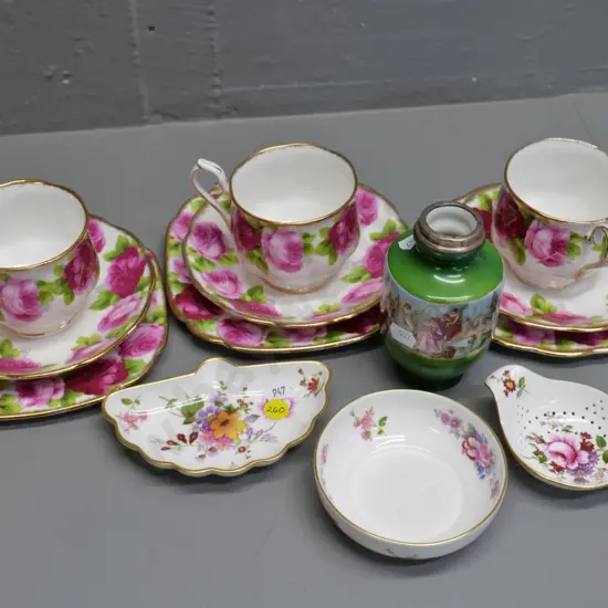 3 Royal Albert Old English Rose trios, 3 pieces Royal Crown Derby posies, small sterling silver rimmed vase