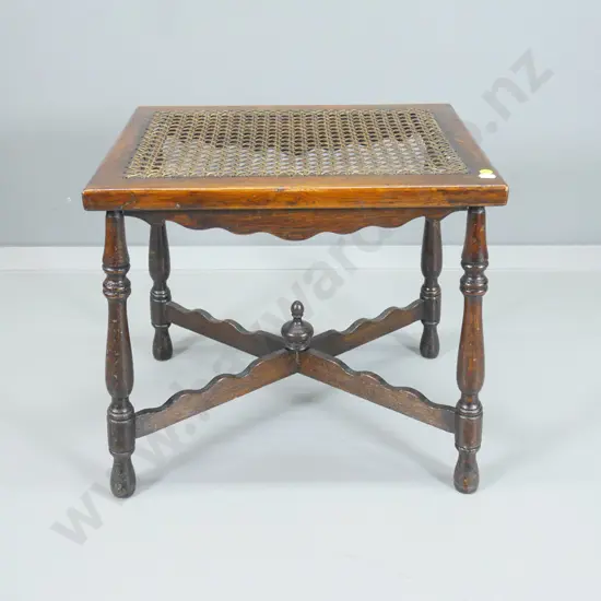 oak Tudor style stool with bergere cane top H-440 W-460 D-330
