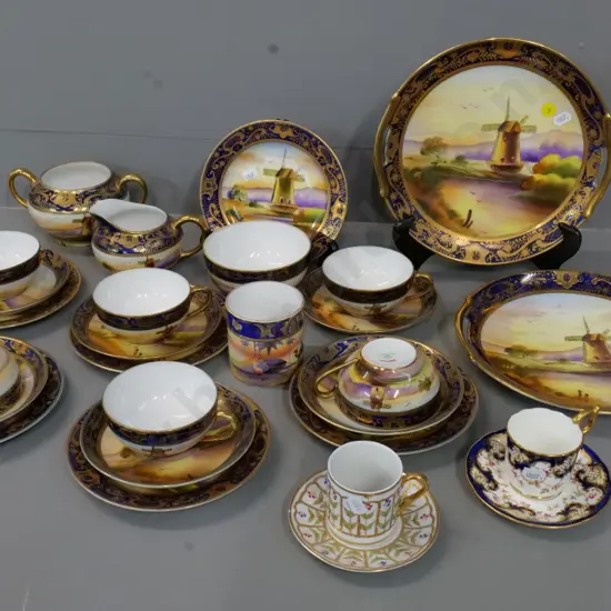 Japanese export ware 'Old Mill' 24-piece tea set plus 2 small demitasse cups & saucer, one Coalport