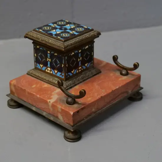 Middle Eastern? inkwell with pen holder - cloisonne brass on marble base, with glass liner H-80 W-110 D-95