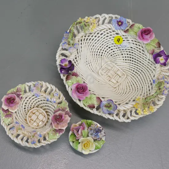 3 pieces of posie china - 2 Royal Adderley woven basket H-80 D-180, woven bowl, Royal Doulton posie