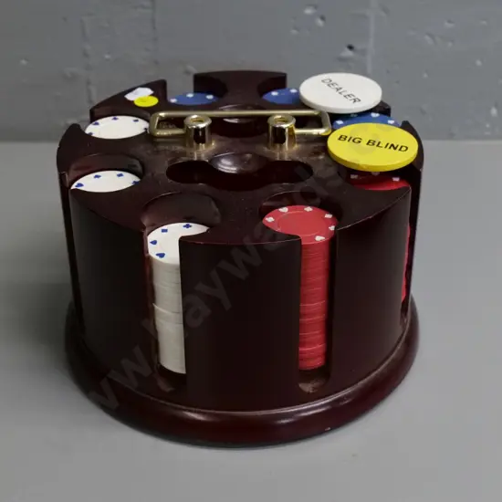 wooden poker chip caddy on swivel base with metal handle - some small chips on top edge H-140 Diameter 200