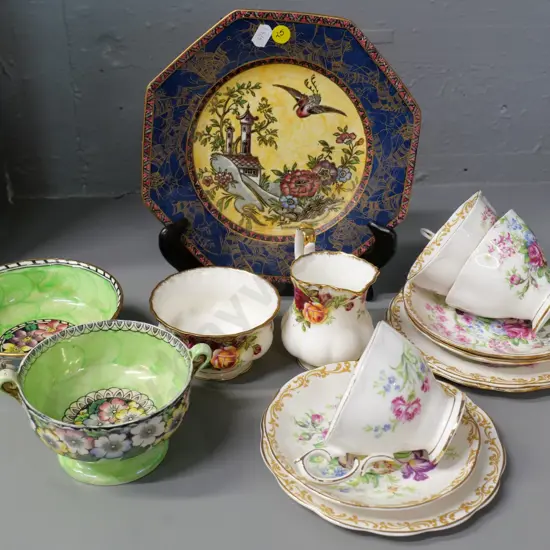 English china items - 3 Royal Albert Nosegay trios & Old Country Roses cream & sugar, 2 Maling thumbprint bowls, etc.