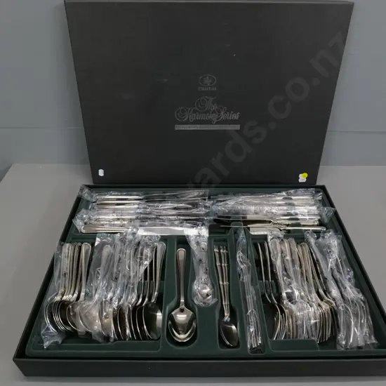 8-setting boxed set Strachan stainless cutlery plus some odd parfait spoons