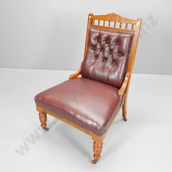 Edwardian lounge chair with carved wood frame, deep-button studded burgundy leather H-900 W-600 D-540