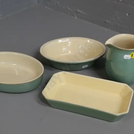 4 pieces of Denby green and cream oven ware - 3 dishes - largest L-210 W-140 and a jug H-180