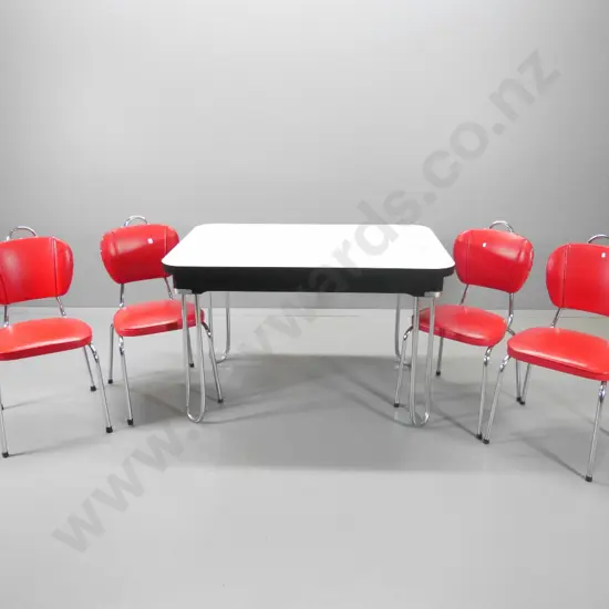 retro formica topped dining table with tubular chrome legs and 4 matching vinyl upholstered chairs H770 L1200 W-800