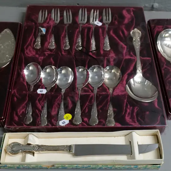boxed Rodd cutlery including cake slice & knife, serving spoon, fruit set