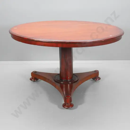 vintage mahogany round dining table on tripod pedestal base w/ bun feet, has had split repaired on top H720 D1220