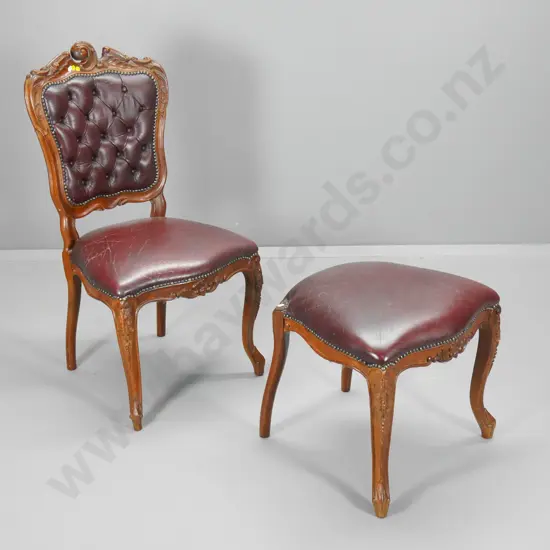 vintage carved shield back dining chair, studded leather w/matching stool made from cut down chair H1010 W500 D460