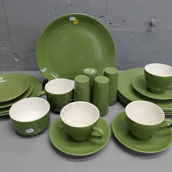 Crown Lynn green Colour Glaze dinnerware items - plates, 2 salt & pepper sets, 3 cups, cream, sugar, 2 are non matching
