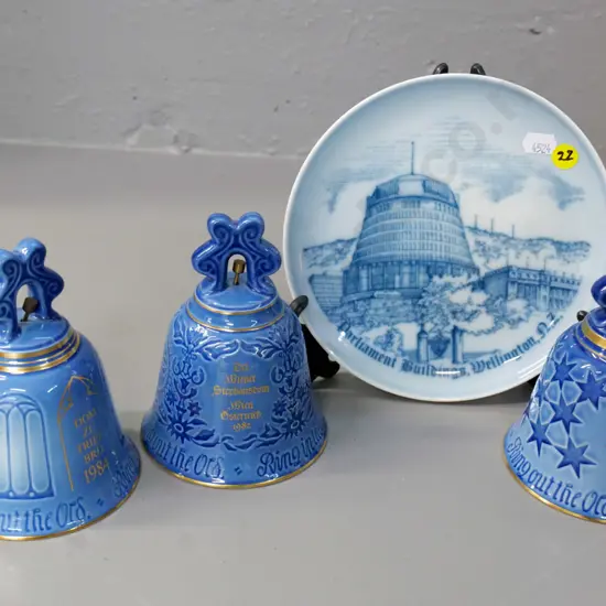 3 Bing & Grondahl Christmas bells H-130 - 1982,83 & 84 - and a New Zealand Beehive commemorative plate