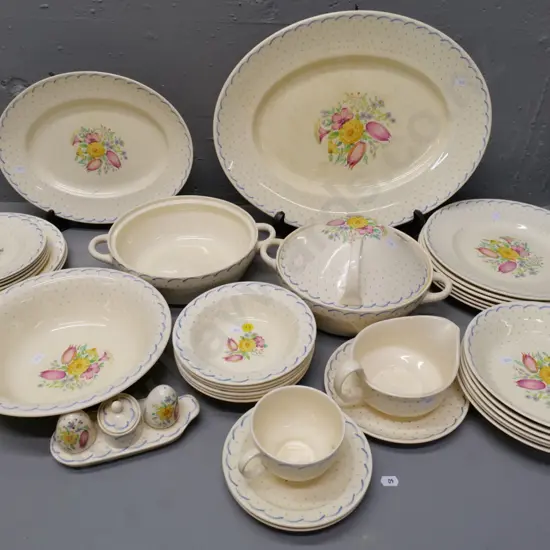 assorted Susie Cooper Springtime dinnerware - large ashett has staining, otherwise good condition, one dish missing lid