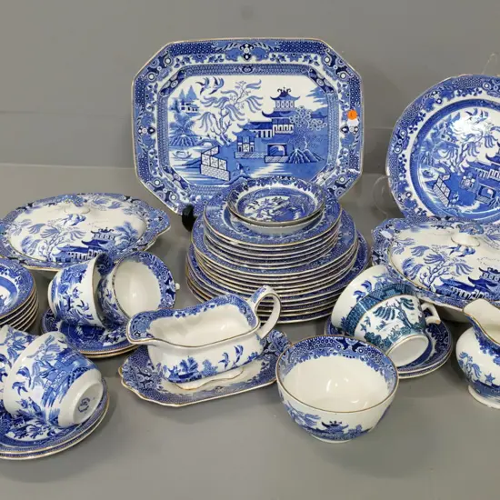 assorted Burleigh willow pattern dinnerware including 2 lidded servers, gravy jug and saucer, etc - chips to 2 items