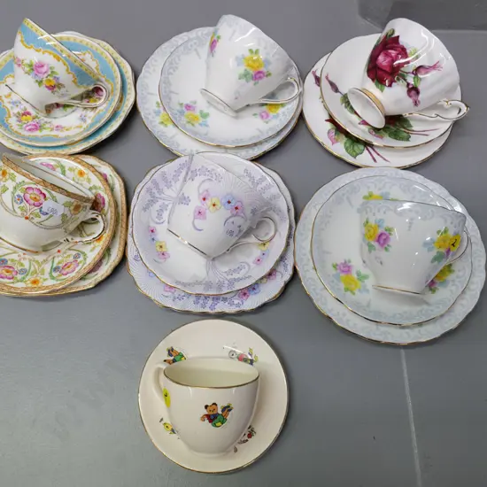 6 English china trios - Royal Standard, Paragon, Colclough, Sutherland, Foley - and a Crown Lynn Wee Pets cup & saucer