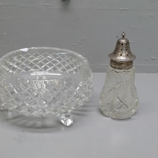 vintage depression glass caster shaker with sterling silver top & a footed cut crystal bowl H-100 Diameter 200