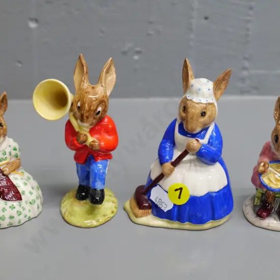 4 Royal Doulton Bunnykins figures - Mrs. Bunnykins, Bunty, sousaphone player, busy needles, tallest H100