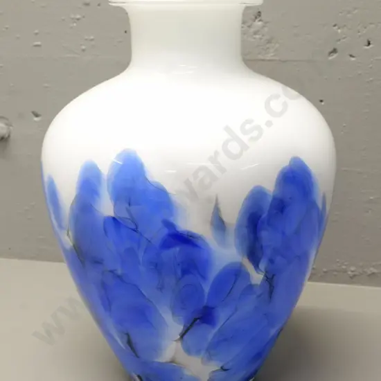 large art glass vase - white with blue abstract floral motif - no maker's marks. H-410 D-280 at widest