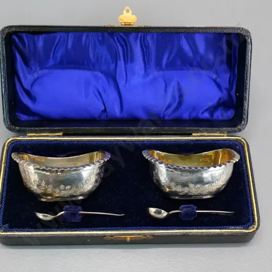 pair of sterling silver open salts with spoons in fitted case