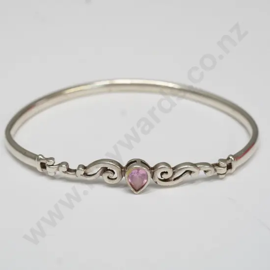 silver bangle with pink stone stamped 925