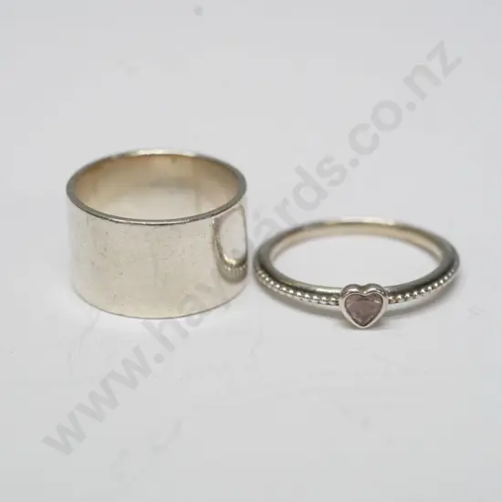 silver heart ring with pink stone & plain silver ring both stamped 925