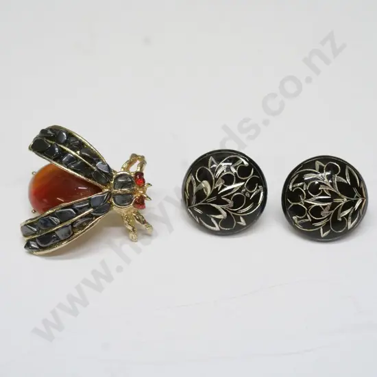 enamel earrings stamped sterling Japan [screw on] & a bug stone brooch