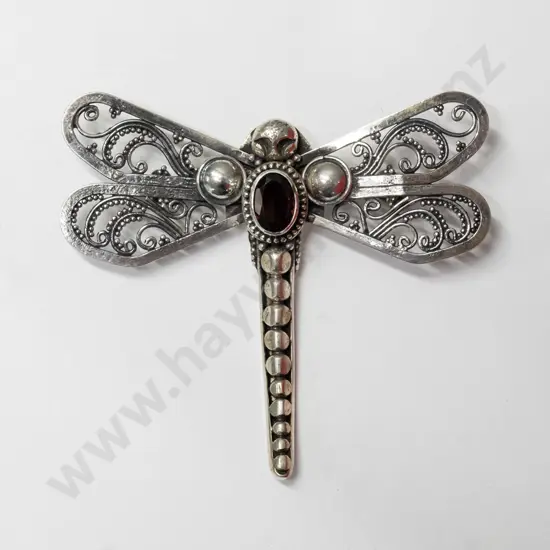 silver dragonfly brooch with garnet stamped 925