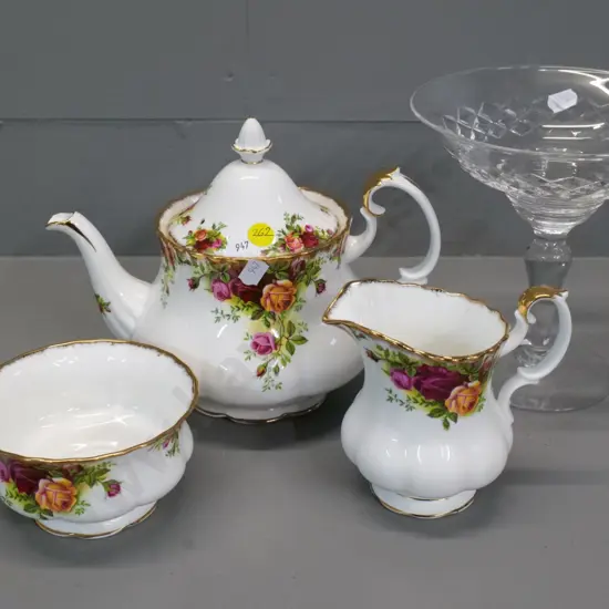 Royal Albert Old Country Roses large size 3-piece tea set & a cut crystal comport