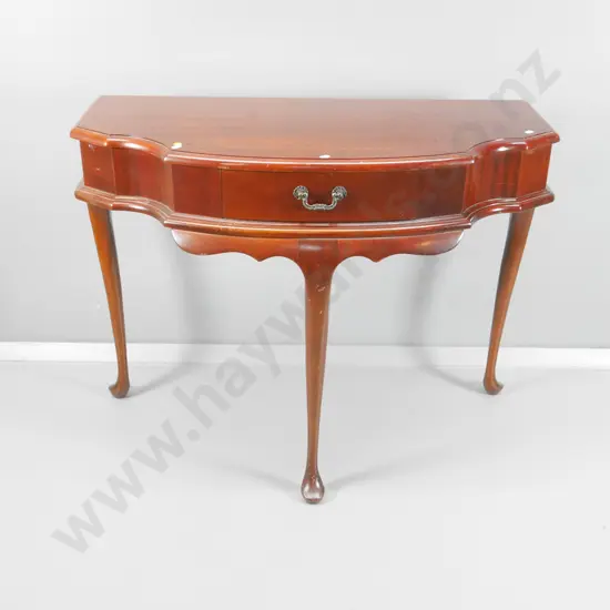 reproduction mahogany cab-leg bow-front hall table with drawer, some marks on top H-730 W-910 D-400