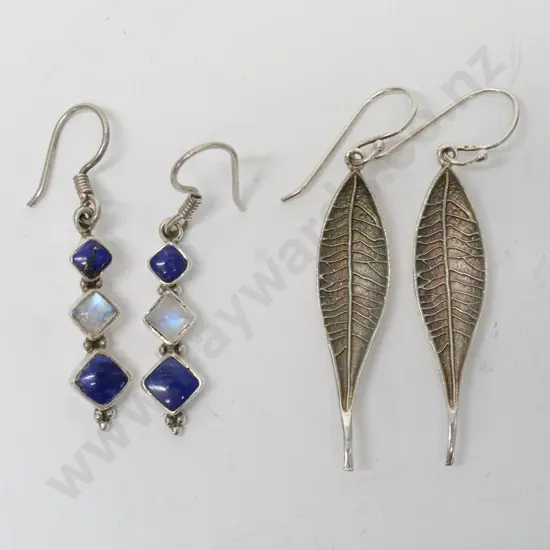 pair of lapis/moonstone earrings & pair of silver earrings both stamped 925