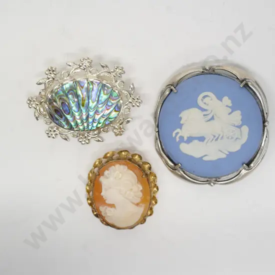 cameo brooch, Limoge brooch [stamped stgsil] & paua shell brooch stamped ster sll