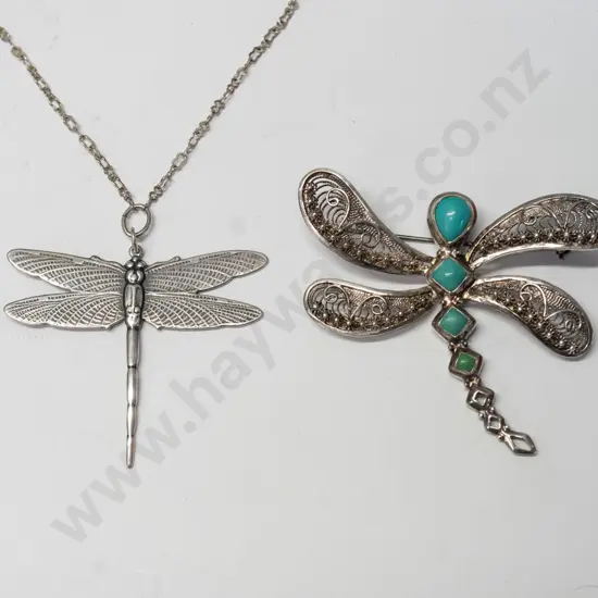 silver & tourquoise dragonfly brooch stamped 925 & dragonfly necklace