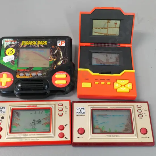4 retro handheld electronic arcade games - Jurassic Park, Pirates, Nintendo Mickey Mouse & Octopus