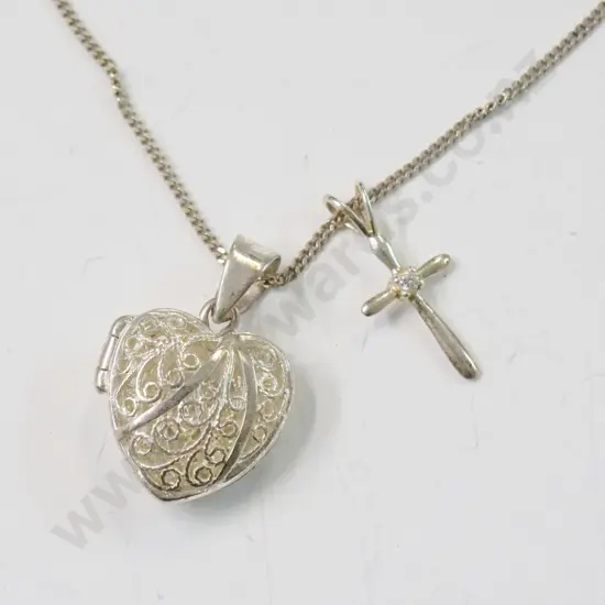 silver heart locket, silver cross  with cz chain & cross stamped 925